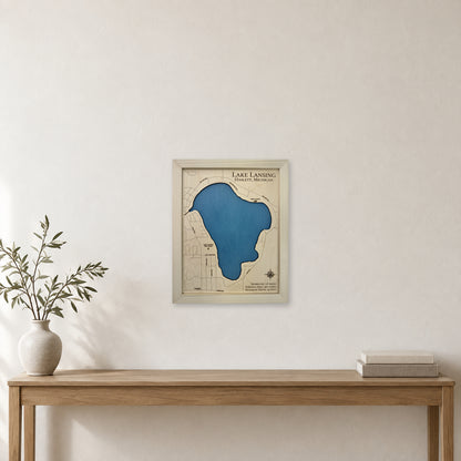 Lake Lansing Natural wood map — single layer, staged room mockup