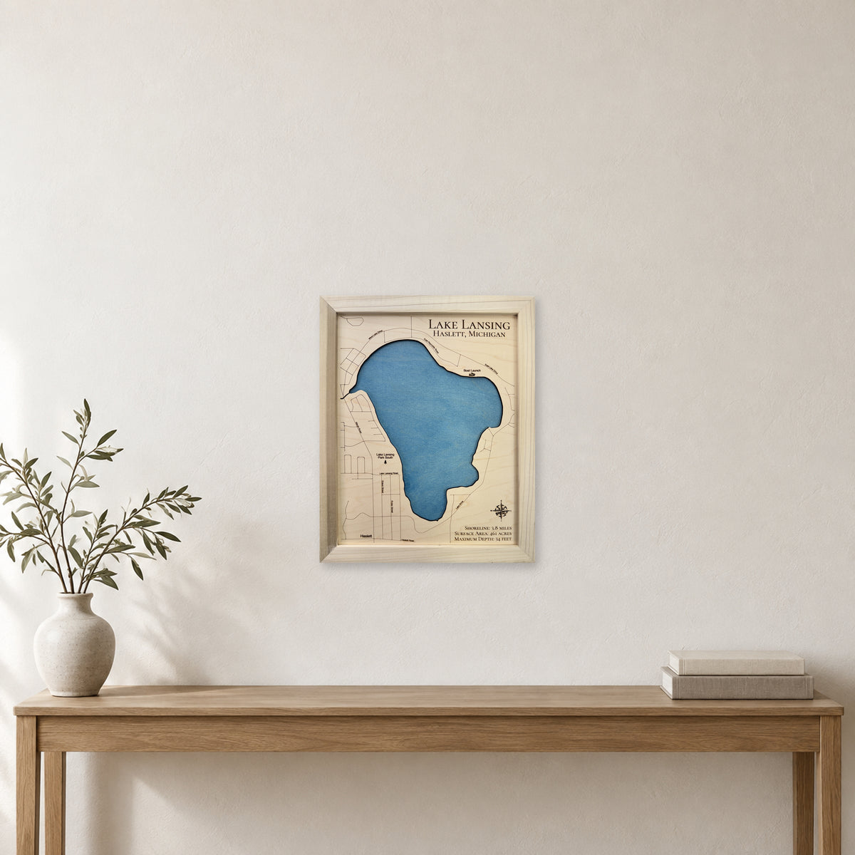 Lake Lansing wood map — single layer, staged room mockup