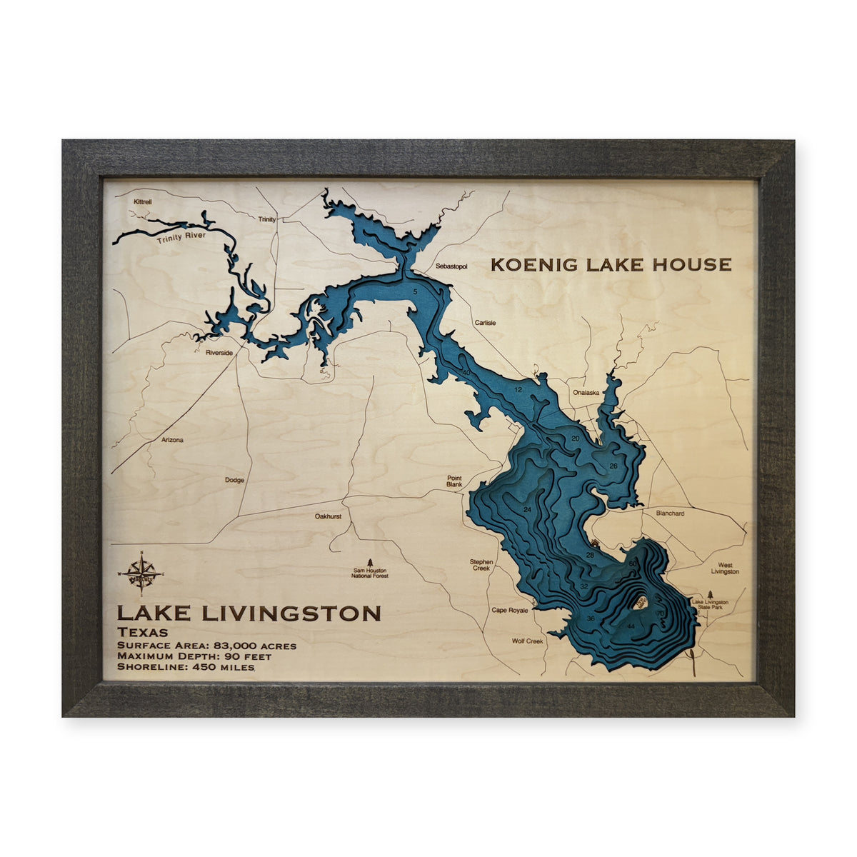 Lake Livingston Koenig wood map — multilayer, white background