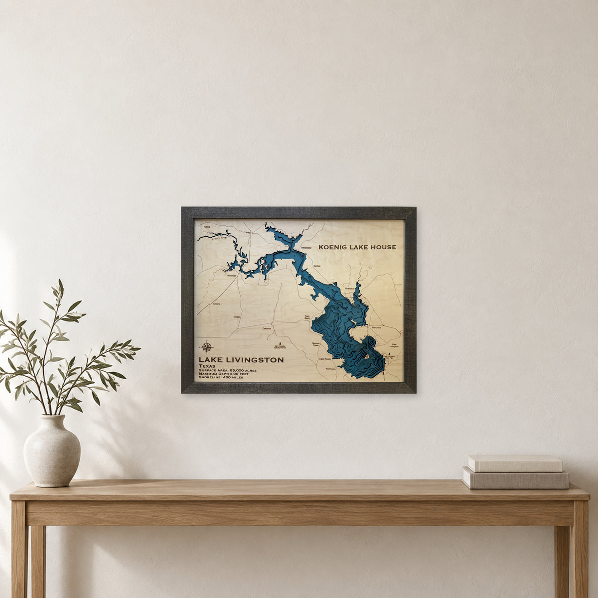 Lake Livingston Koenig wood map — multilayer, staged room mockup