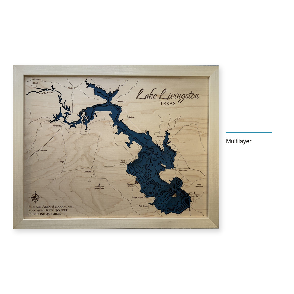 Lake Livingston Natural wood map — multilayer, layer option shown