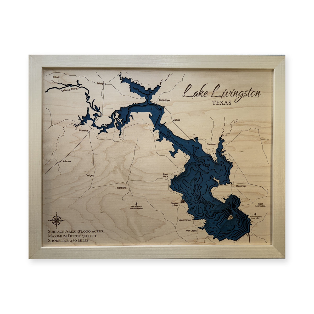 Lake Livingston Natural wood map — multilayer, white background