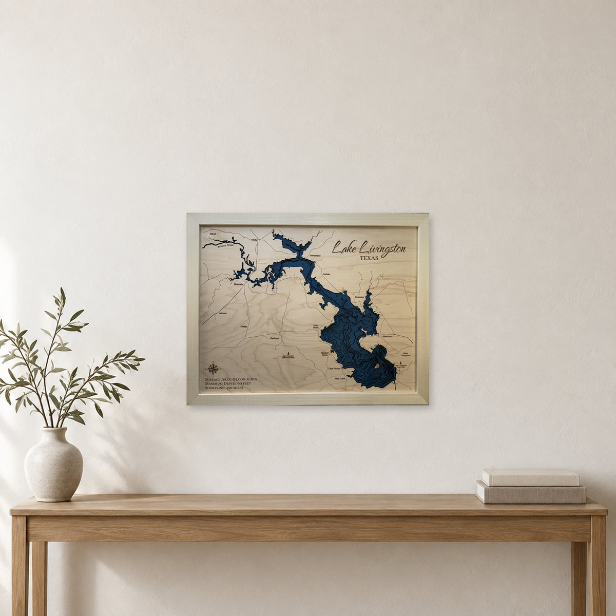 Lake Livingston Natural wood map — multilayer, staged room mockup