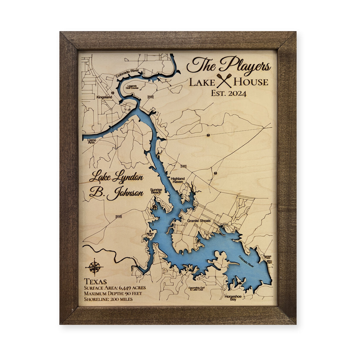 Lake Lyndon B Johnson wood map — single layer, white background