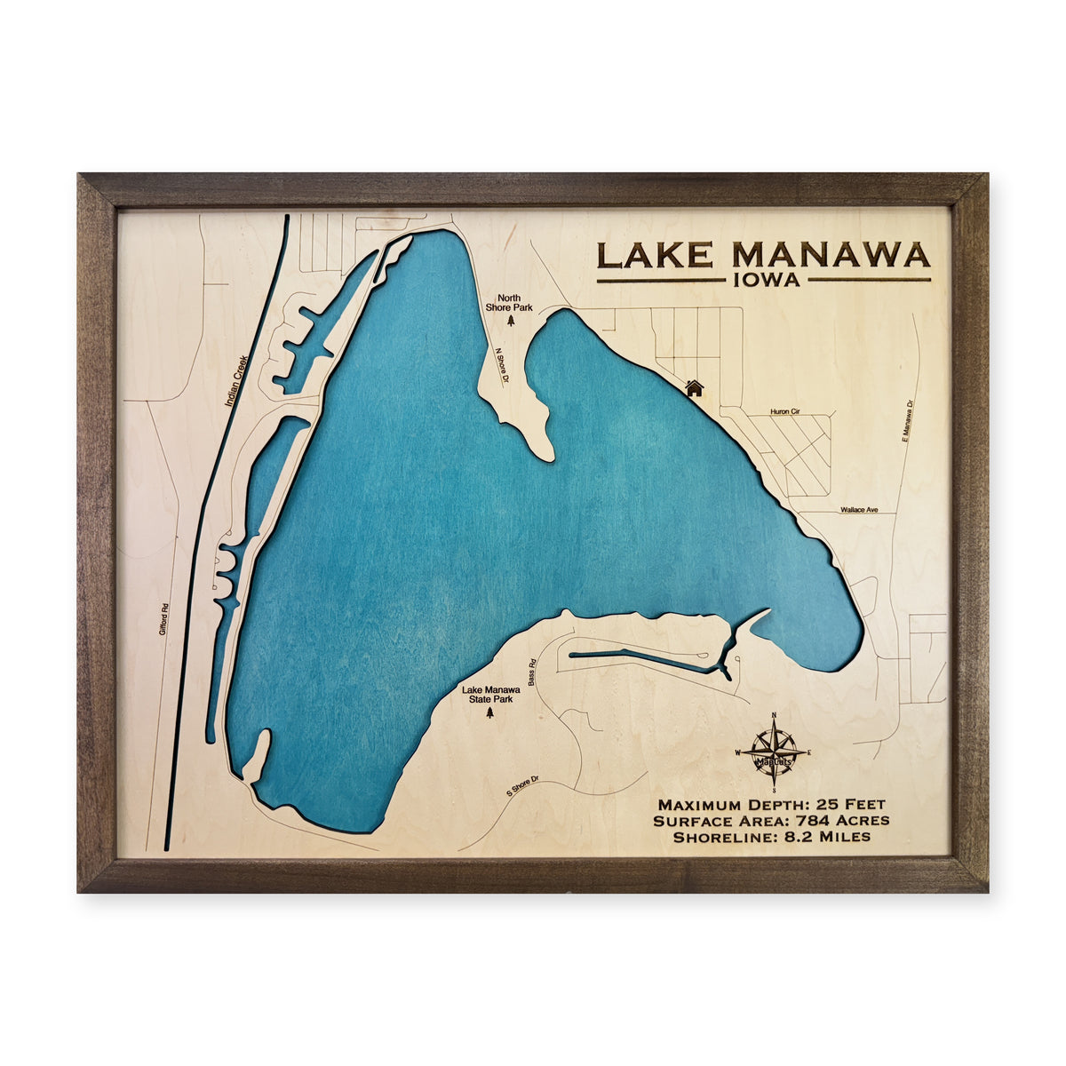 Lake Manawa wood map — single layer, white background