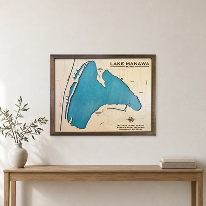 Lake Manawa wood map — single layer, staged room mockup