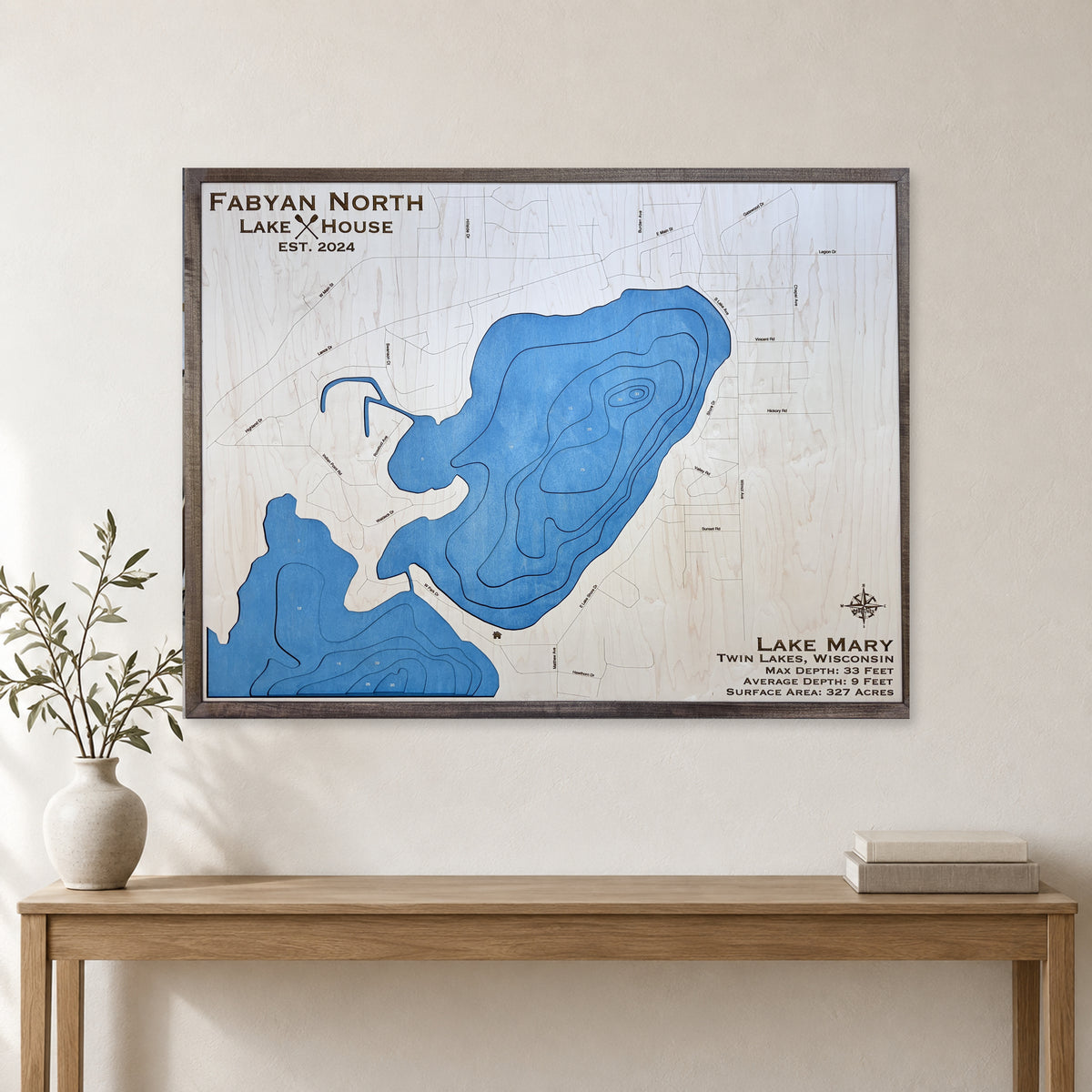 Lake Mary Fabyan wood map — multilayer, staged room mockup