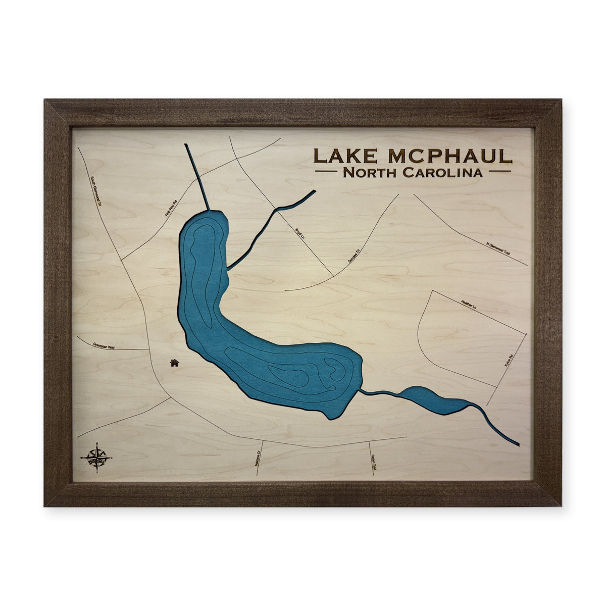 Lake Mcphaul wood map — single layer with engraved contours, white background