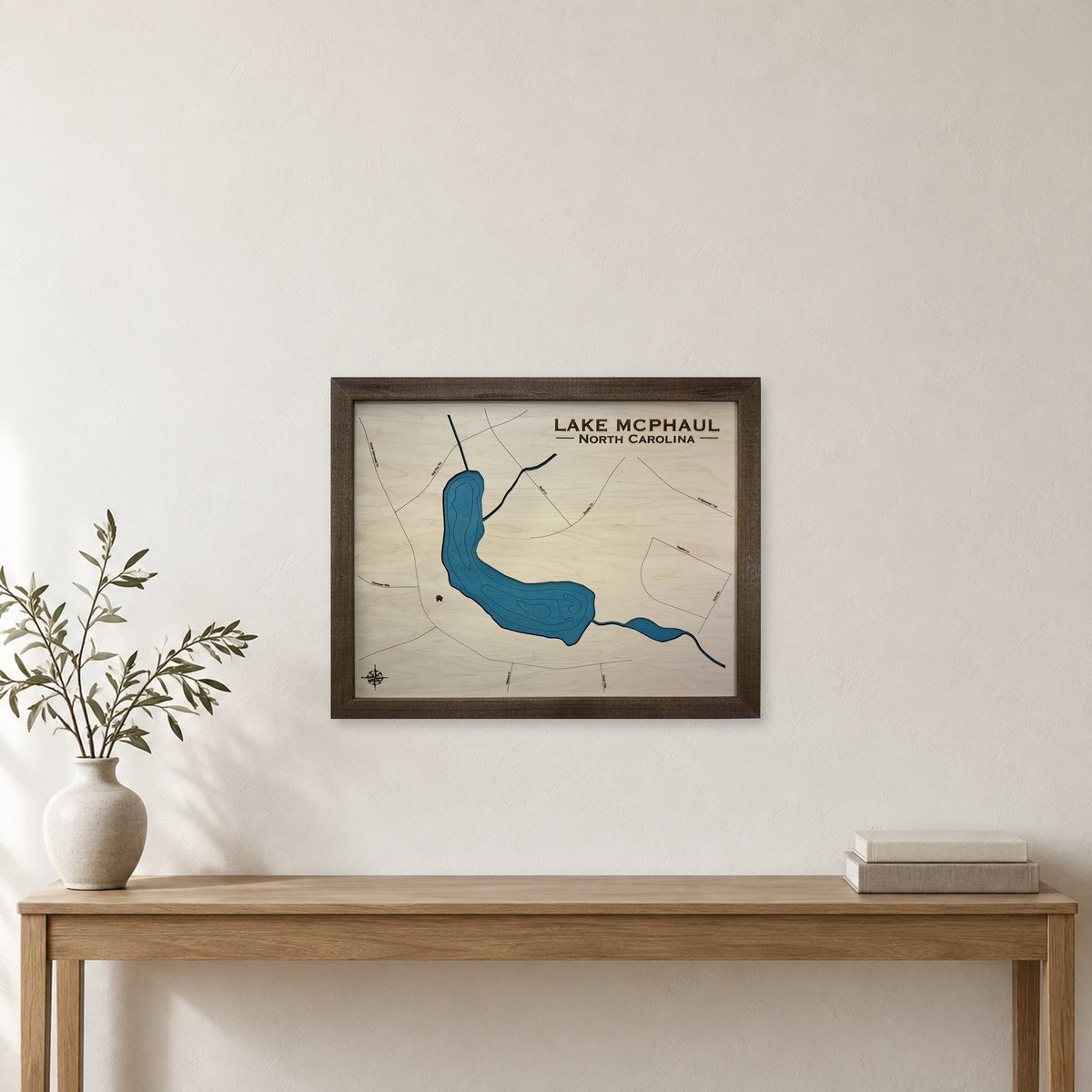 Lake Mcphaul wood map — single layer with engraved contours, staged room mockup