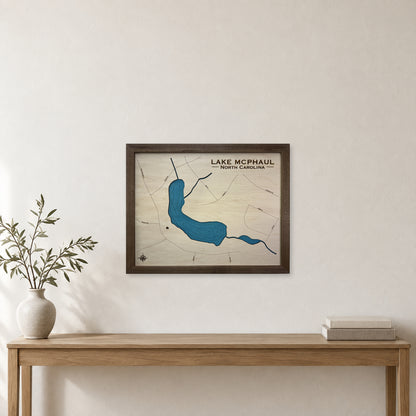 Lake Mcphaul wood map — single layer with engraved contours, staged room mockup
