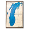 Large wooden multilayer map of Lake Michigan with personalized text. 