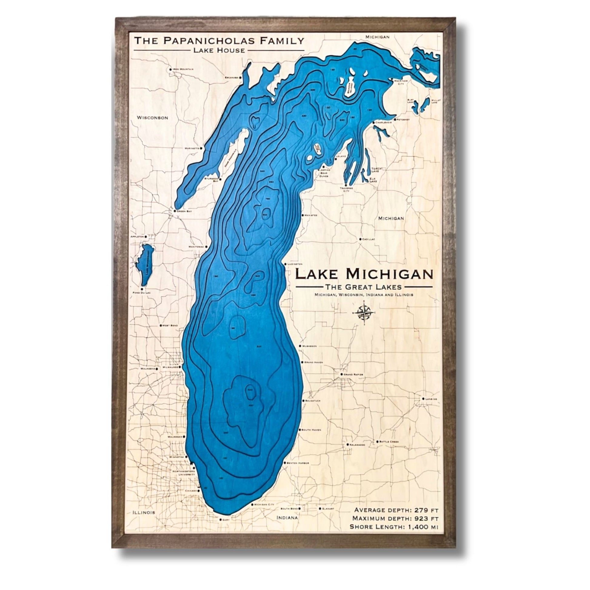Large wooden multilayer map of Lake Michigan with personalized text. 