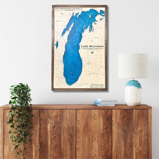 Framed wood map of Lake Michigan on a wall above a wooden cabinet with a lamp and plant.