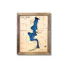 Wooden map of Lake Milton with deep blue water stain color and a brown frame on a white background.