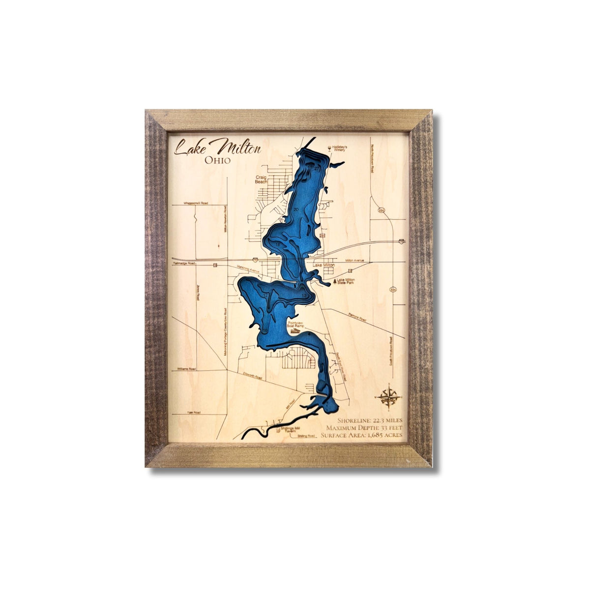 Wooden map of Lake Milton with deep blue water stain color and a brown frame on a white background.