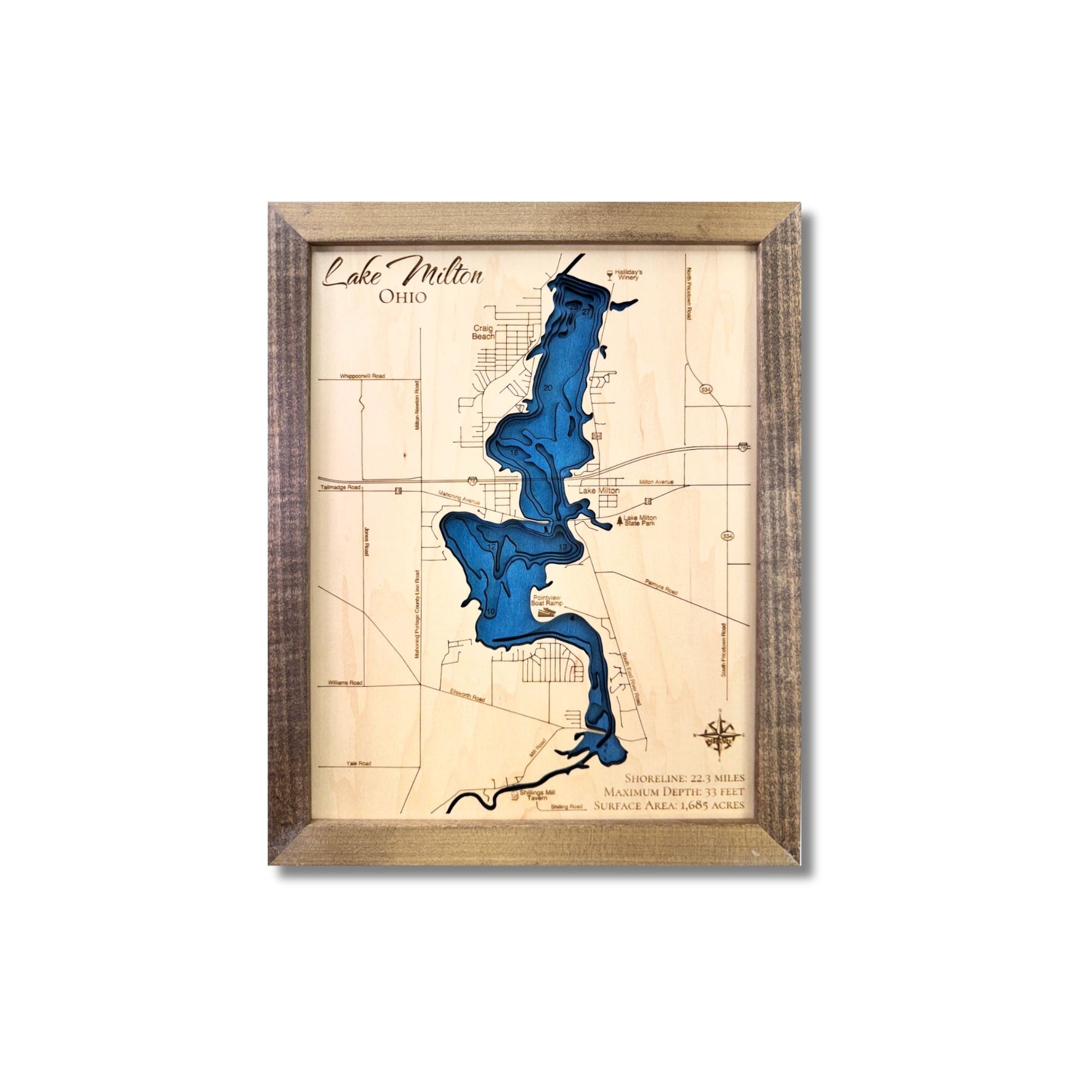 Wooden map of Lake Milton with deep blue water stain color and a brown frame on a white background.