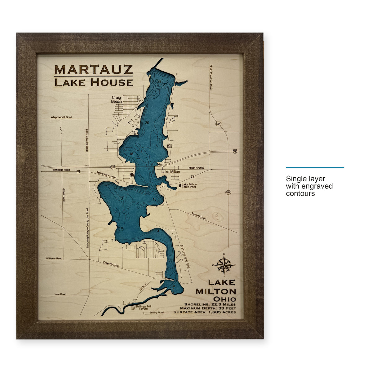 Lake Milton Martauz wood map — single layer with engraved contours, layer option shown