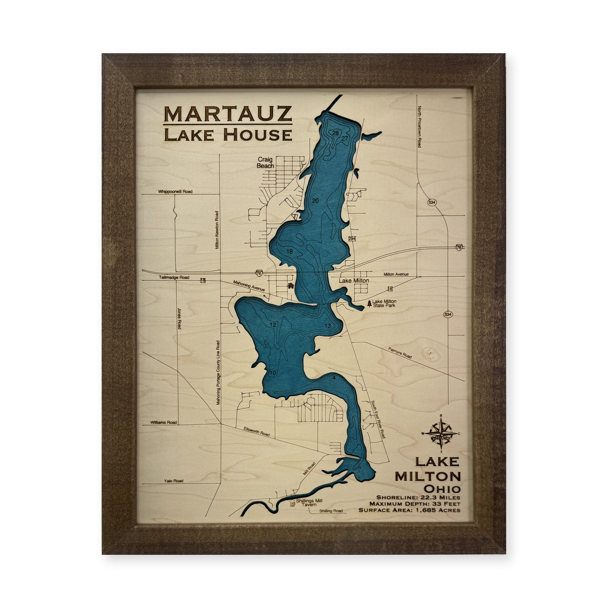 Lake Milton Martauz wood map — single layer with engraved contours, white background