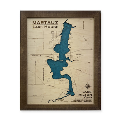 Lake Milton Martauz wood map — single layer with engraved contours, white background