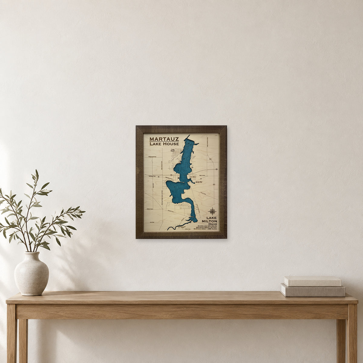 Lake Milton Martauz wood map — single layer with engraved contours, staged room mockup