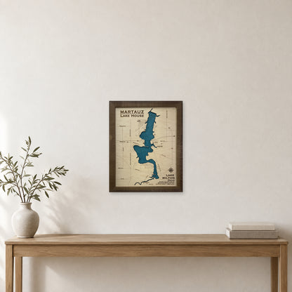 Lake Milton Martauz wood map — single layer with engraved contours, staged room mockup
