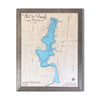 Wooden map of Lake Milton, Ohio with a light blue water stain.