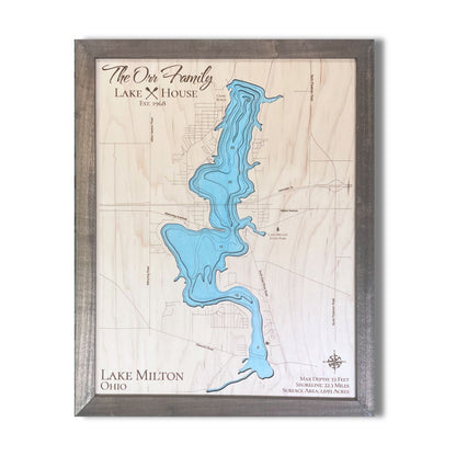 Wooden map of Lake Milton, Ohio with a light blue water stain.
