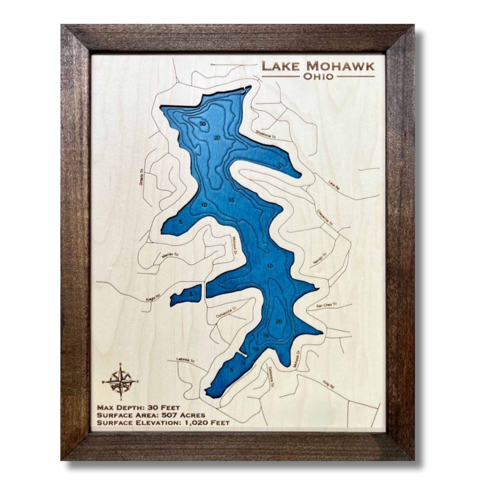 Engraved water layers wooden map of Lake Mohawk, Ohio. 