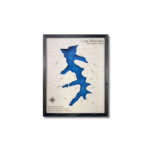 Multilayer wooden map of Mohawk Lake, Ohio with black frame. 