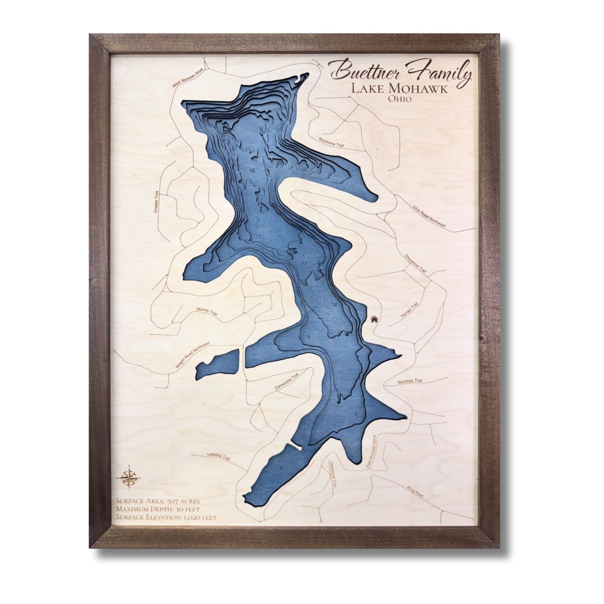 Wooden map of Lake Mohawk with personalized titled and brown walnut frame. 
