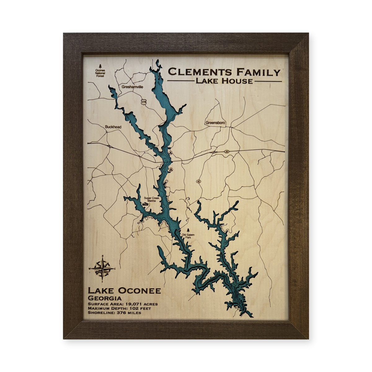 Lake Oconee wood map — single layer, white background