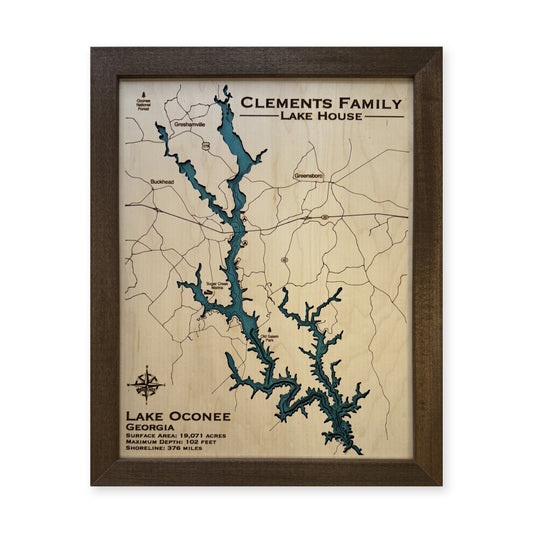 Lake Oconee wood map — single layer, white background