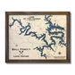 Map of Lake of the Ozarks with a wooden frame and personalized text.