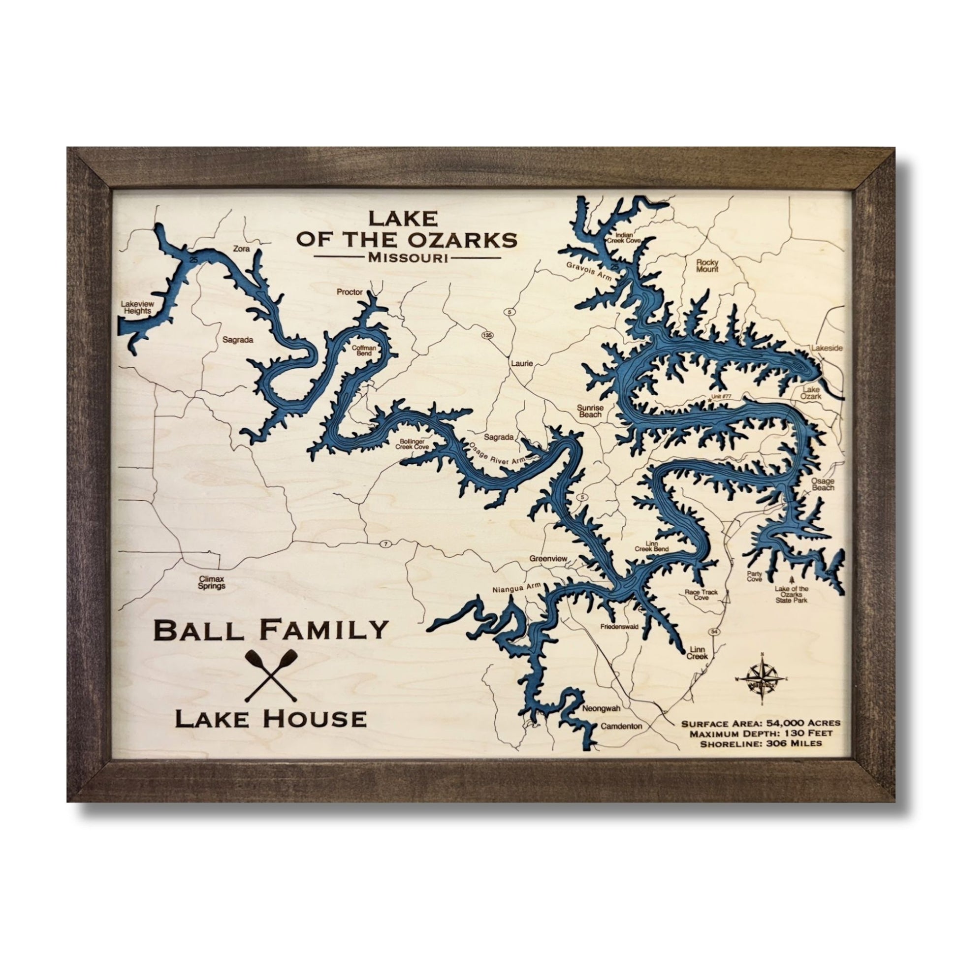 Map of Lake of the Ozarks with a wooden frame and personalized text.