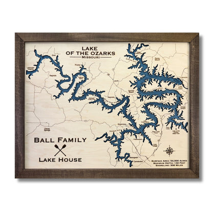 Map of Lake of the Ozarks with a wooden frame and personalized text.