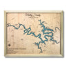 Wooden map of Lake of the Ozarks with family name and lake house details.