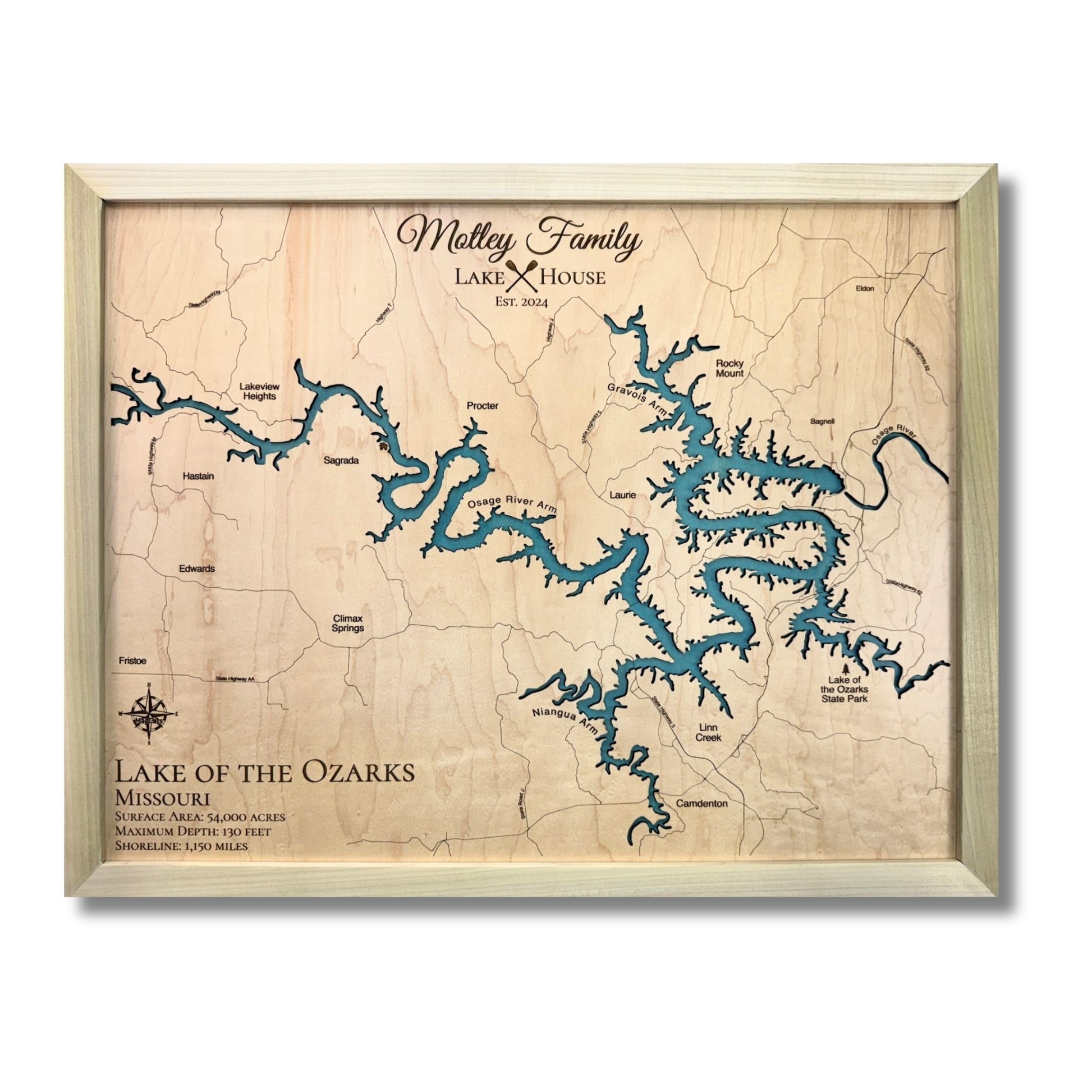Wooden map of Lake of the Ozarks with family name and lake house details.