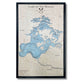 Wooden map of Lake of the Woods with light blue water stain and a black frame.
