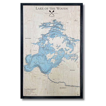 Wooden map of Lake of the Woods with light blue water stain and a black frame.