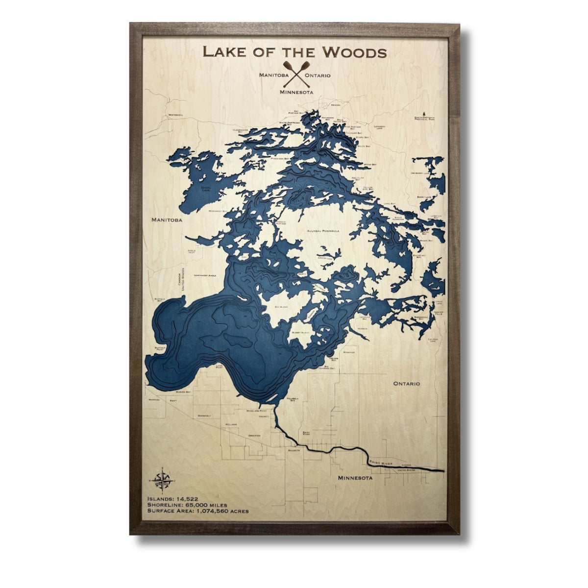 Lake of the Woods wooden map with dark blue water stain and Copperplate font. 