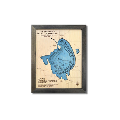 3D wooden map of Lake Okeechobee with custom title.