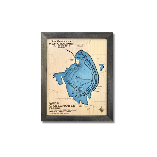 3D wooden map of Lake Okeechobee with custom title.