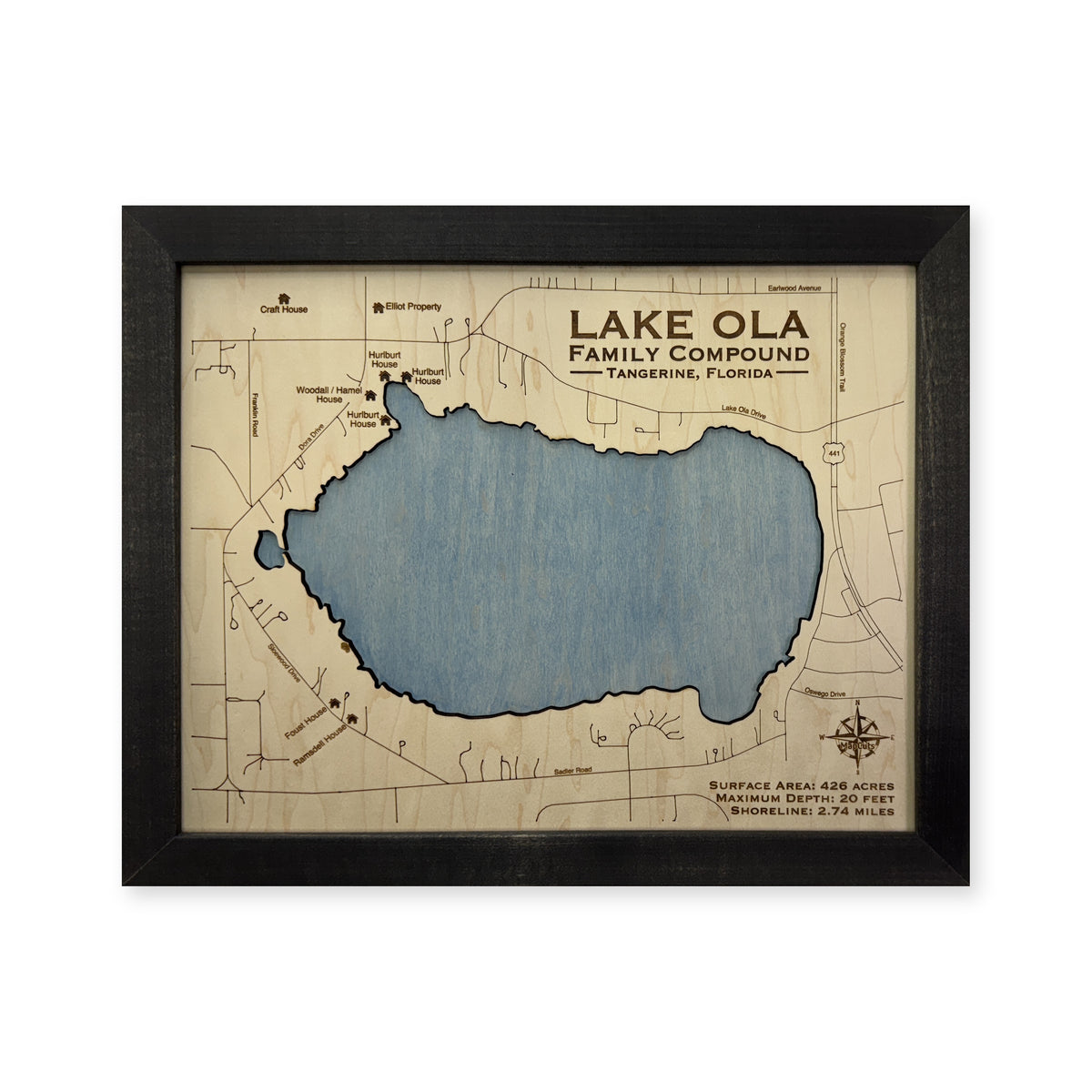 Lake Ola wood map — single layer, white background