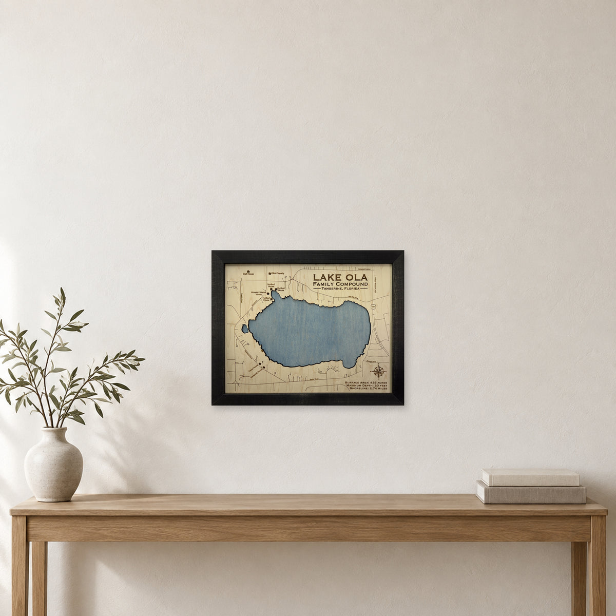 Lake Ola wood map — single layer, staged room mockup