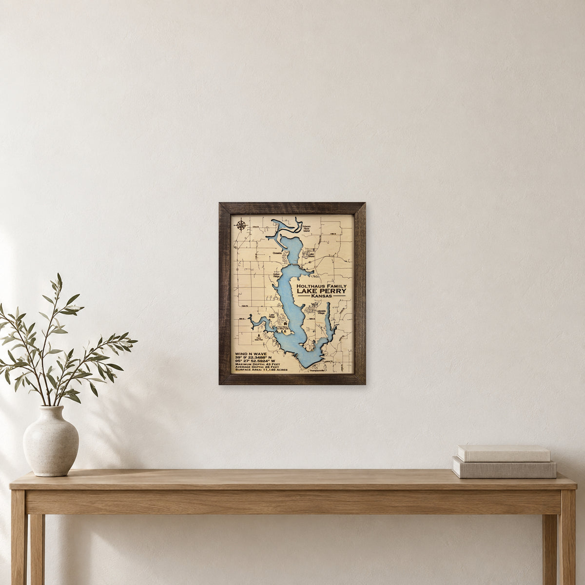 Lake Perry wood map — single layer, staged room mockup