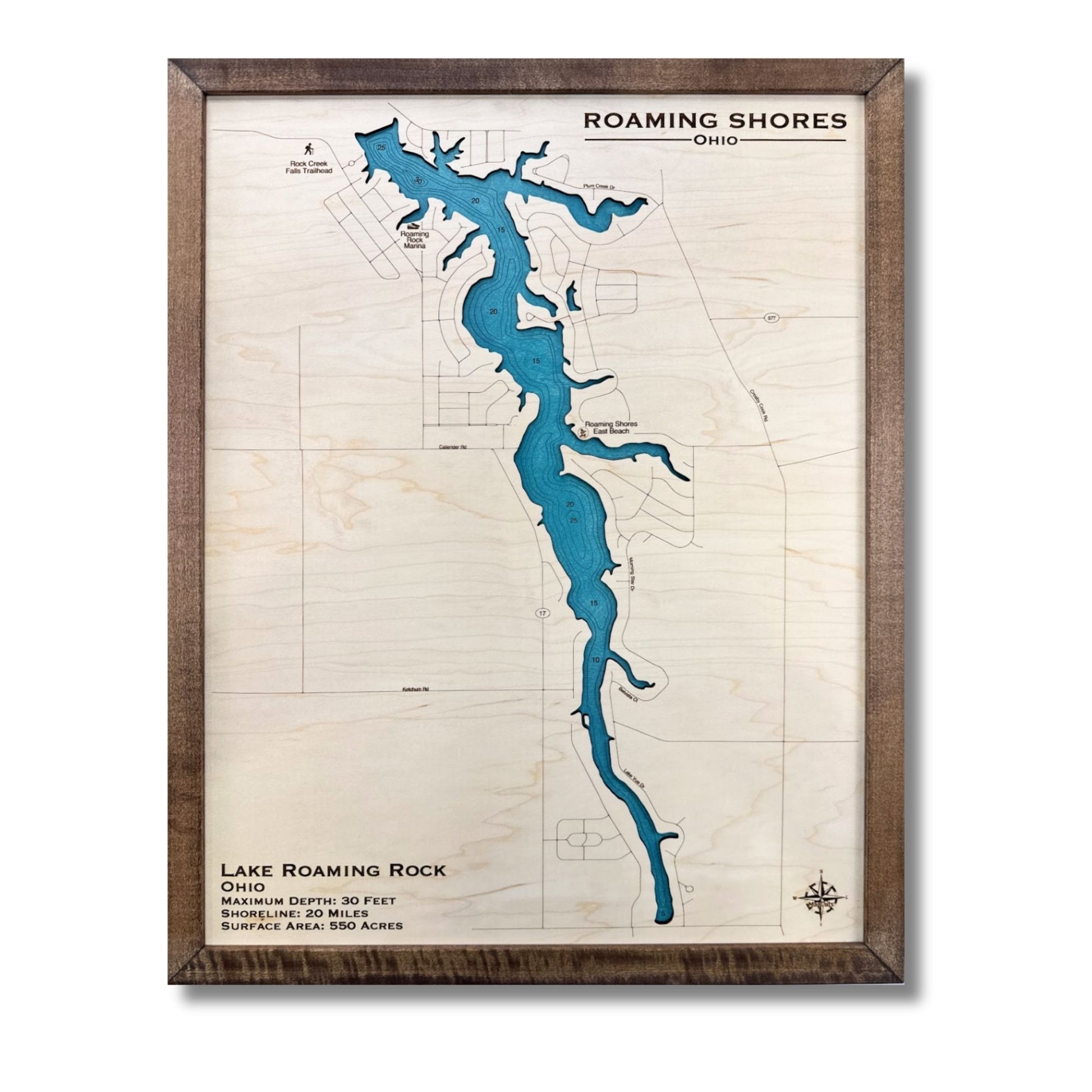 Engraved water layer map of Lake Roaming Rock. 