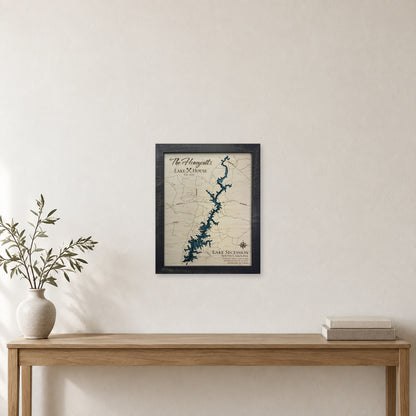 Lake Secession Honeycutt wood map — multilayer, staged room mockup