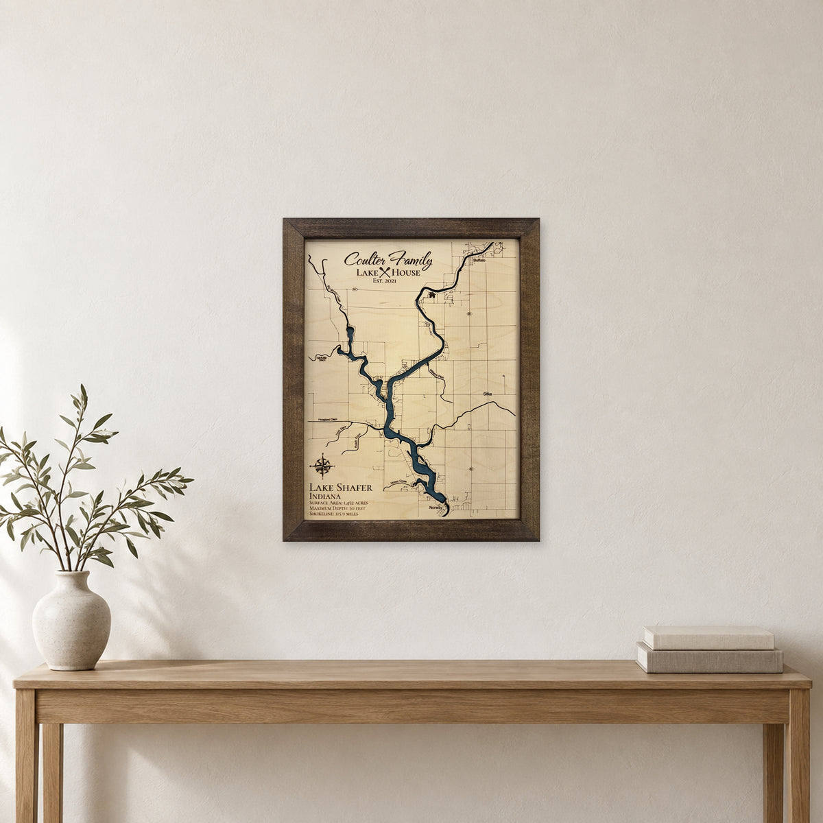 Lake Shafer wood map — single layer, staged room mockup