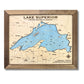 Wooden map of Lake Superior with a brown frame on a white background