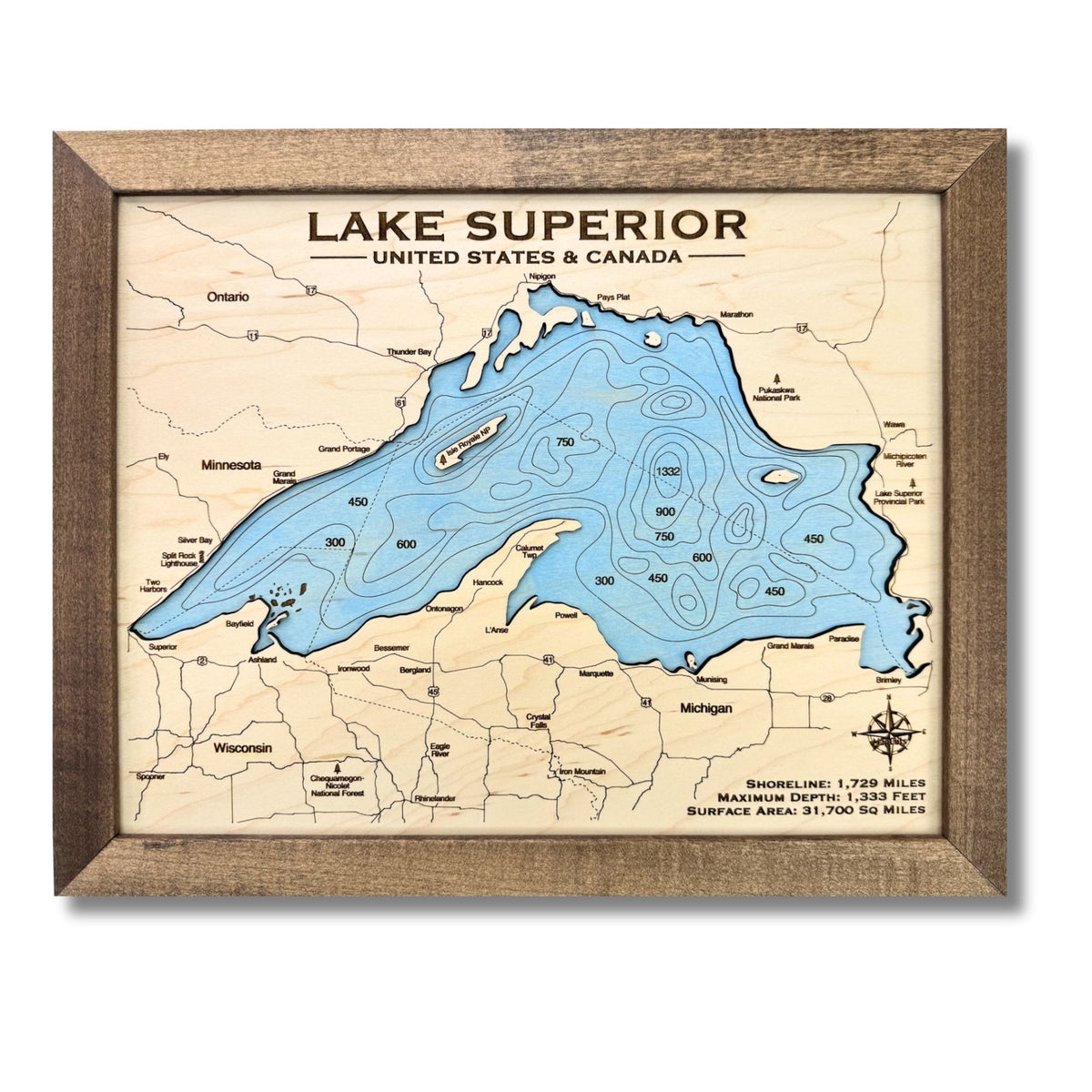 Wooden map of Lake Superior with a brown frame on a white background
